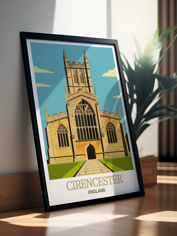 Experience the architectural grandeur of Cirencesters Parish Church of St. John Baptist with this detailed wall art. The churchs towering spire and rich history are brought to life in this elegant piece of England travel art.