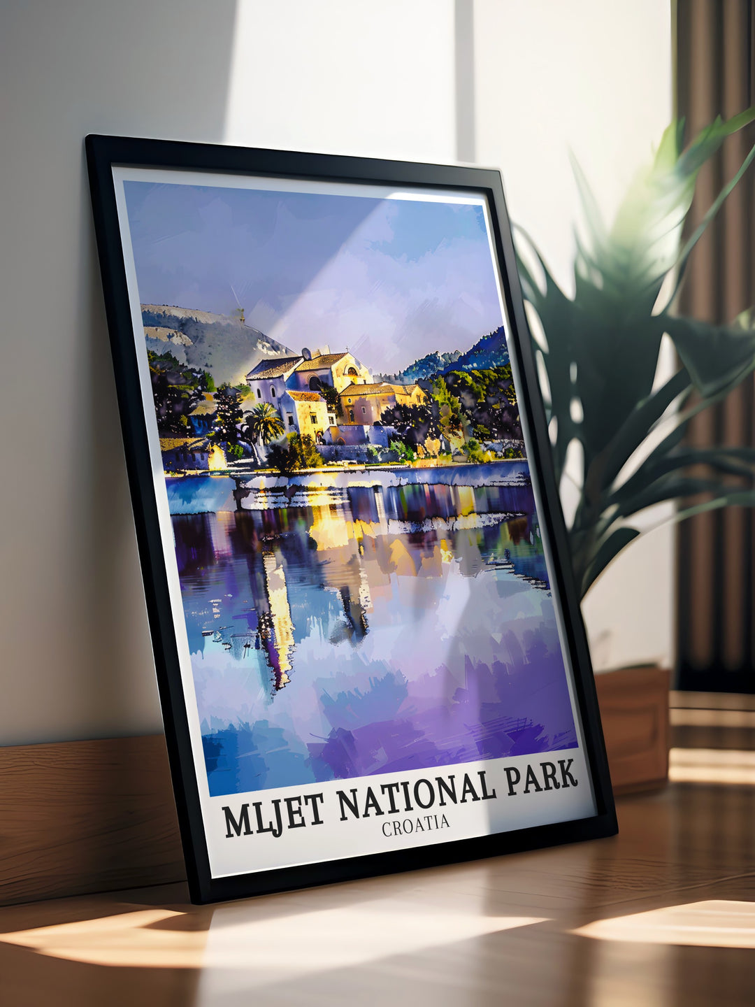 A detailed poster of Mljet National Park in Croatia highlighting the parks lush greenery and serene lakes offering a glimpse into one of the countrys most beautiful and unspoiled landscapes perfect for nature lovers and those who appreciate the beauty of the outdoors