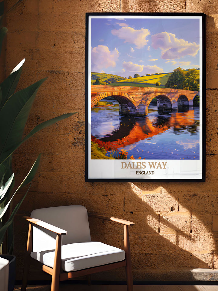 Vintage poster highlighting the iconic views from Burnsall Bridge along the Dales Way, perfect for those who appreciate historic landmarks and scenic beauty.