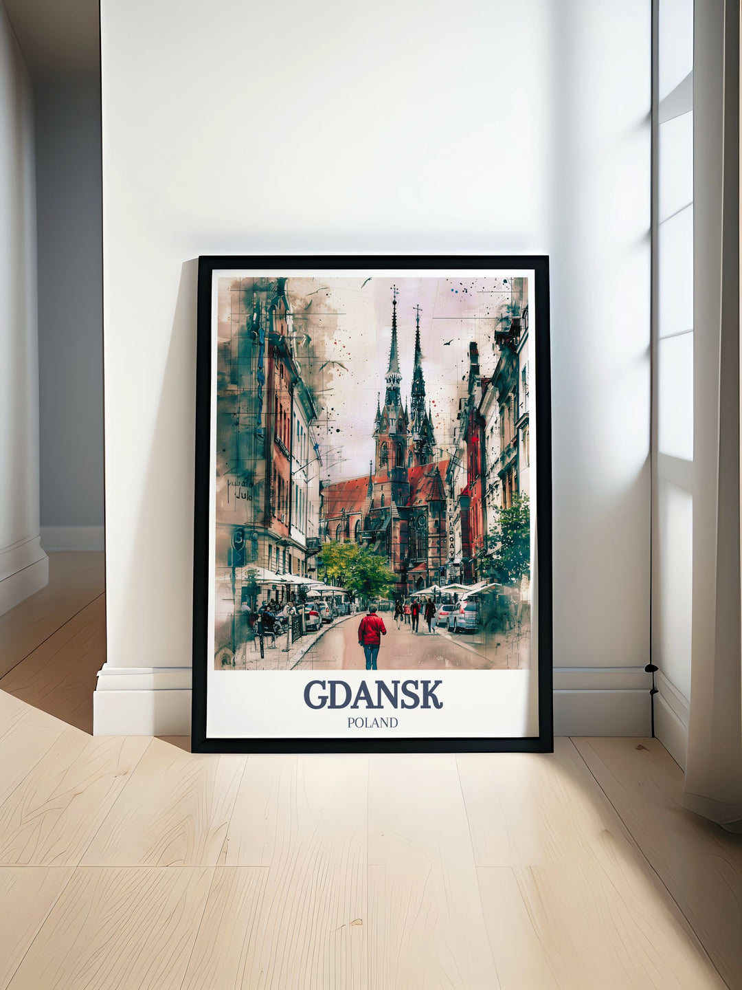 Mariacka Street, St. Marys Church Travel Poster featuring a detailed fine line print in black and white. Ideal for art and collectibles, this digital print showcases the historic landmarks of Gdansk, perfect for enhancing your home decor and wall art collection.