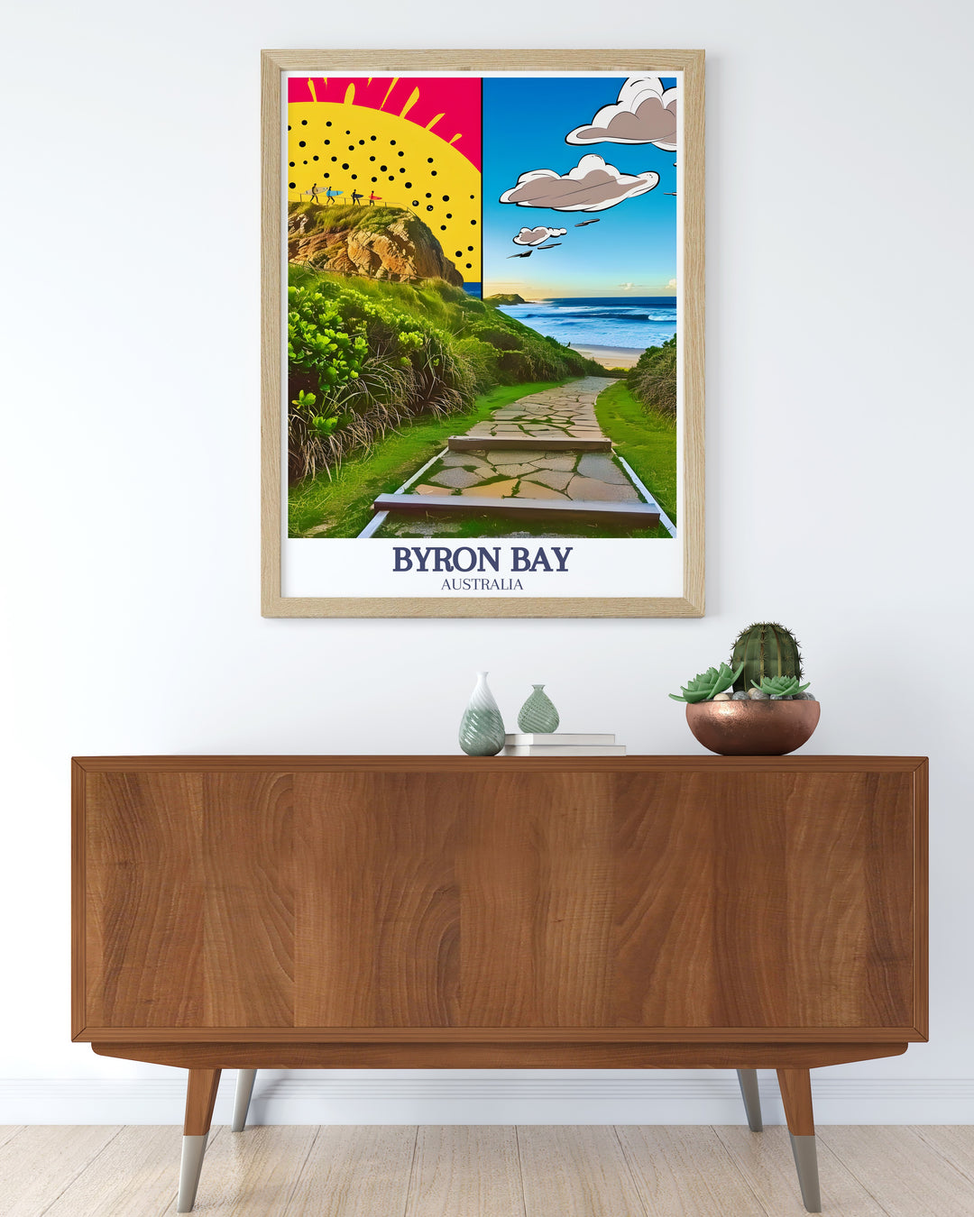 Fine Line Print of Byron Bay with Cape Byron Walking Track and Byron beach a perfect gift for special occasions like anniversaries or birthdays. This detailed city print adds a modern and elegant touch to your decor.