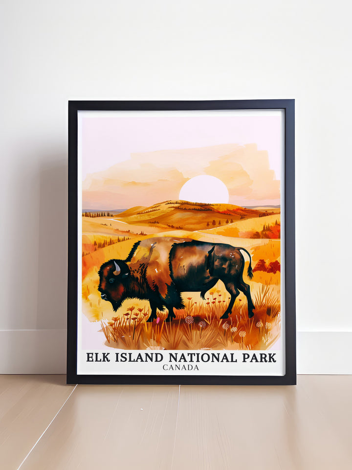 Elk Island National Park canvas art showcasing the expansive landscapes of Beaver Hills and the iconic plains bison. This travel poster is a beautiful reminder of the wild and untamed spirit of Canadas national parks.