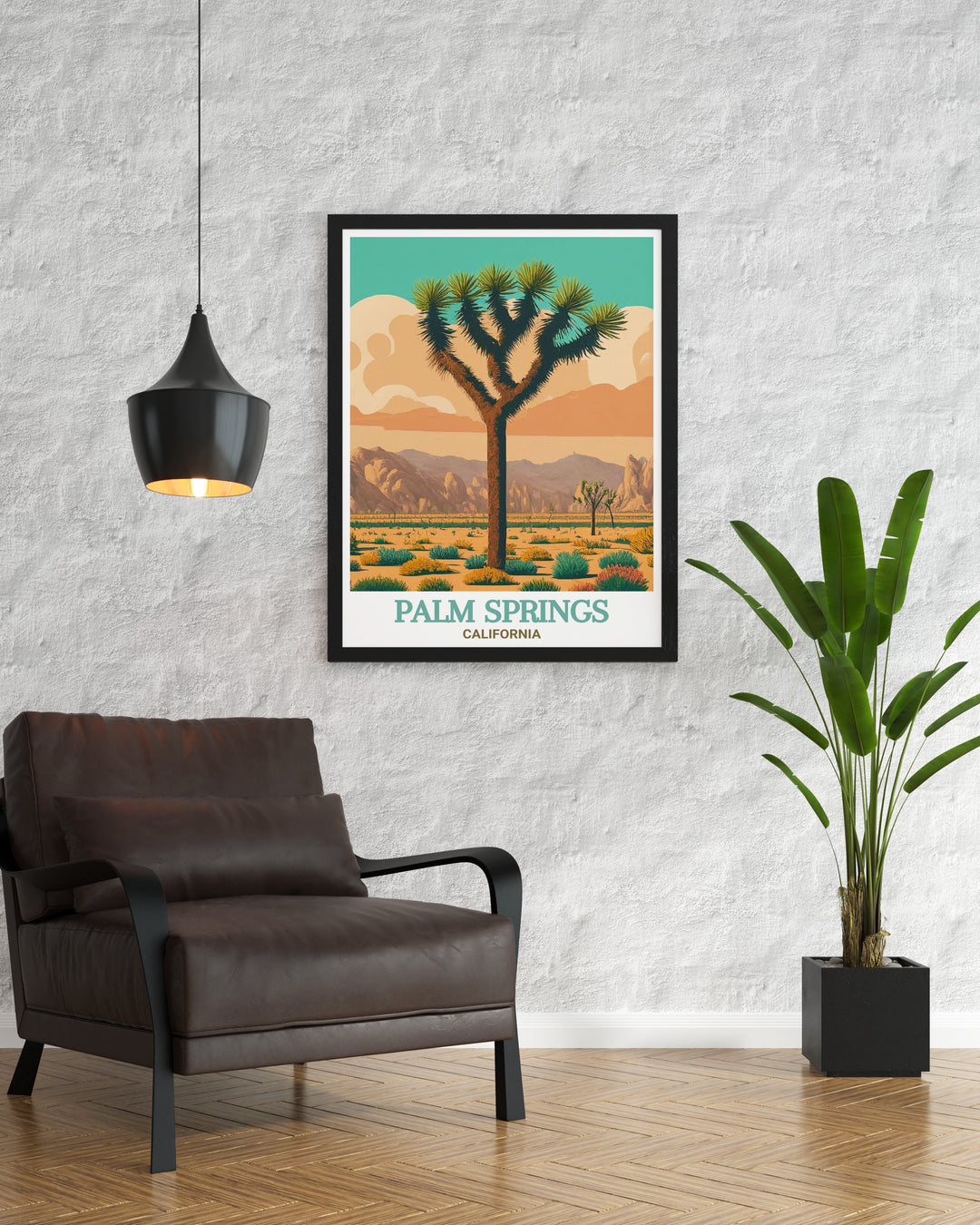 Joshua Tree National Park travel poster featuring the serene landscapes and iconic Yellow Hotel in Palm Springs. This vibrant print captures the essence of Palm Springs, making it an ideal piece for anyone looking to add a splash of color and style to their wall decor.