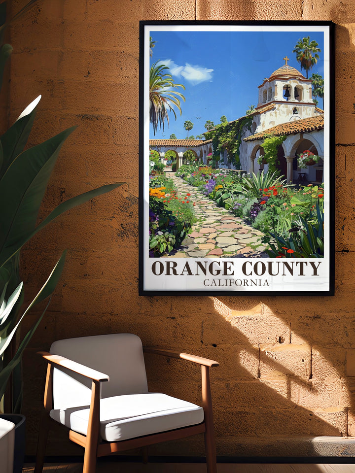 USA vintage poster highlighting the iconic Mission San Juan Capistrano and the surrounding landscapes of Orange County. This travel print offers a nostalgic yet modern take on one of Californias most beloved historic sites. Perfect for home décor or as a personalized gift, available in digital and framed options.