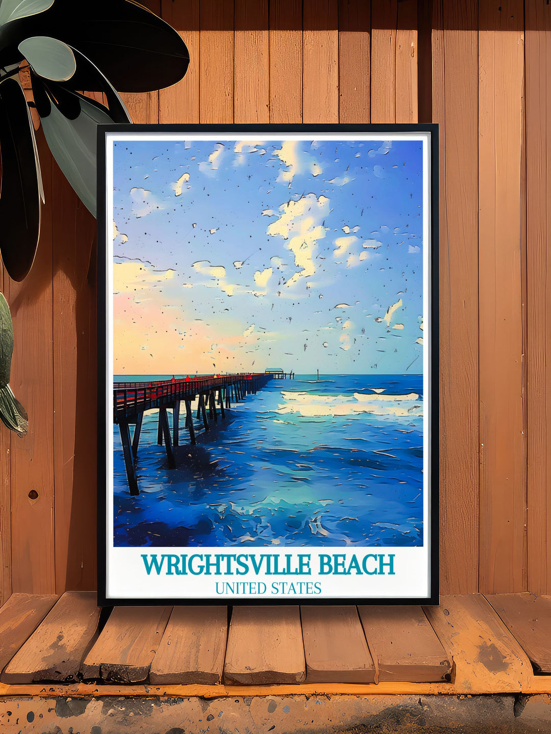 Wrightsville Beach Art Print highlighting Johnnie Mercers Pier captures the tranquility of North Carolinas coastline. This vintage poster is designed with a soothing color palette and minimalist style making it a versatile addition to your home decor collection