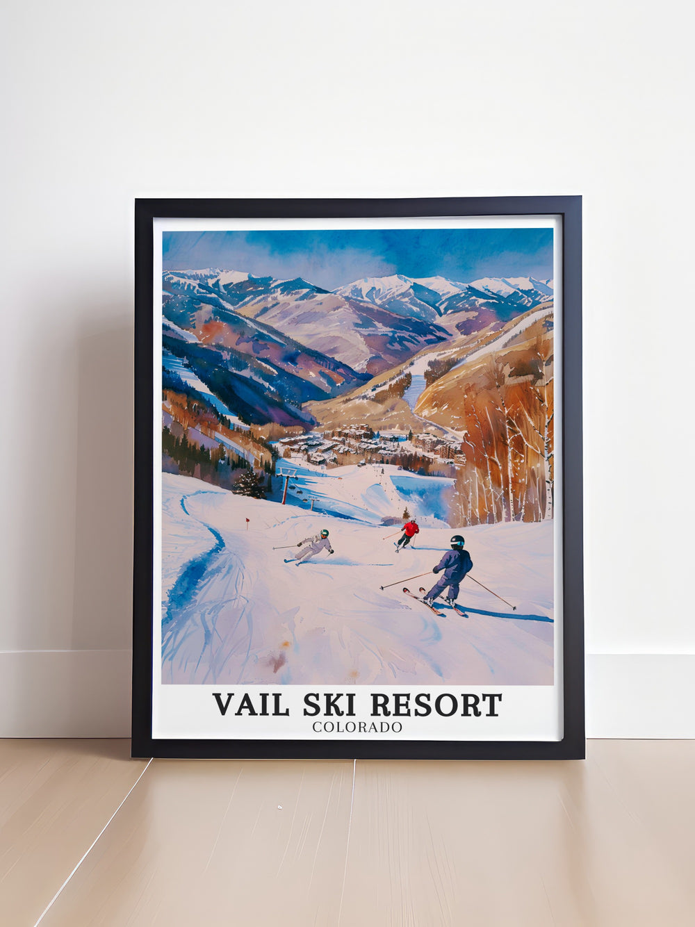 This elegant poster print showcases the scenic beauty of Vail Ski Resort, from the inviting streets of Vail Village to the towering Vail Mountain. A must have for anyone who appreciates winter sports or Colorados natural beauty, this artwork is both inspiring and timeless.