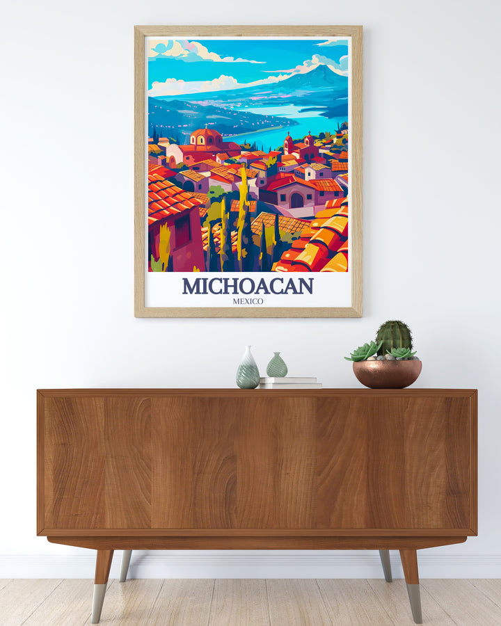 Add a touch of Mexicos natural beauty to your décor with this Paricutín Volcano travel print. Featuring bright colors and a retro design, this Michoacán poster is ideal for guest spaces, Airbnbs, or as a personalized gift for those who love Mexicos landscapes.