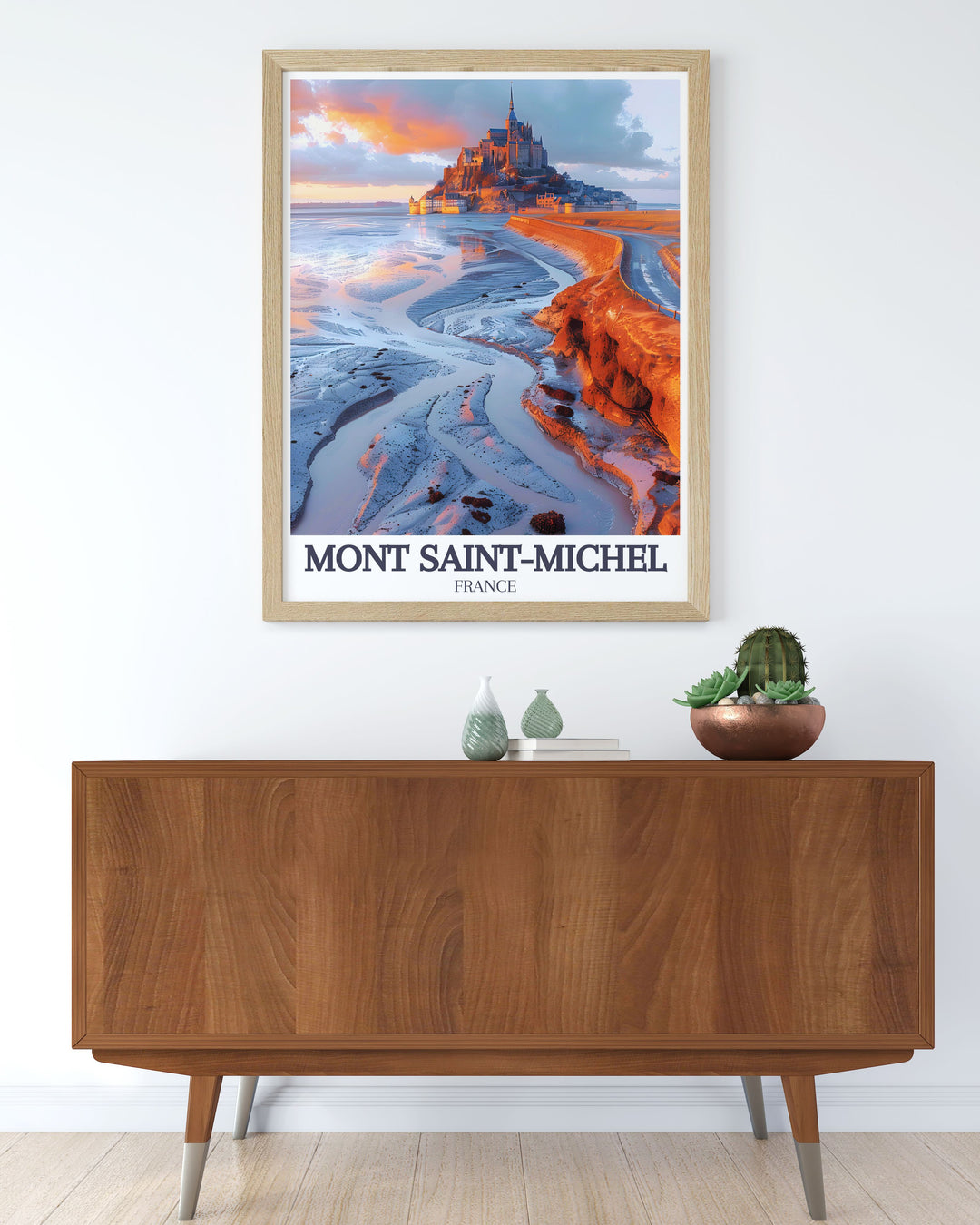 France travel print of Mont Saint Michel featuring the beautiful Normandy coastline The Causeway a must have for those who love elegant home decor and stunning wall art.