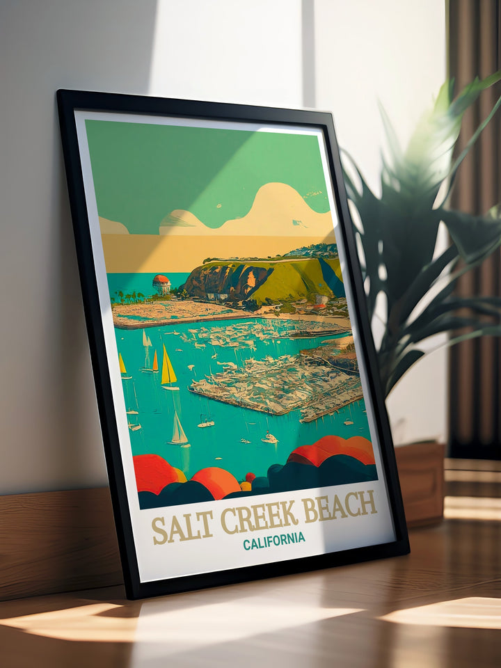 Experience the serene beauty of Salt Creek Beach and Dana Point Harbor with this vibrant print. The artwork captures the essence of Californias coastline, offering a peaceful escape with every glance. Ideal for adding a touch of coastal charm to your home or office.