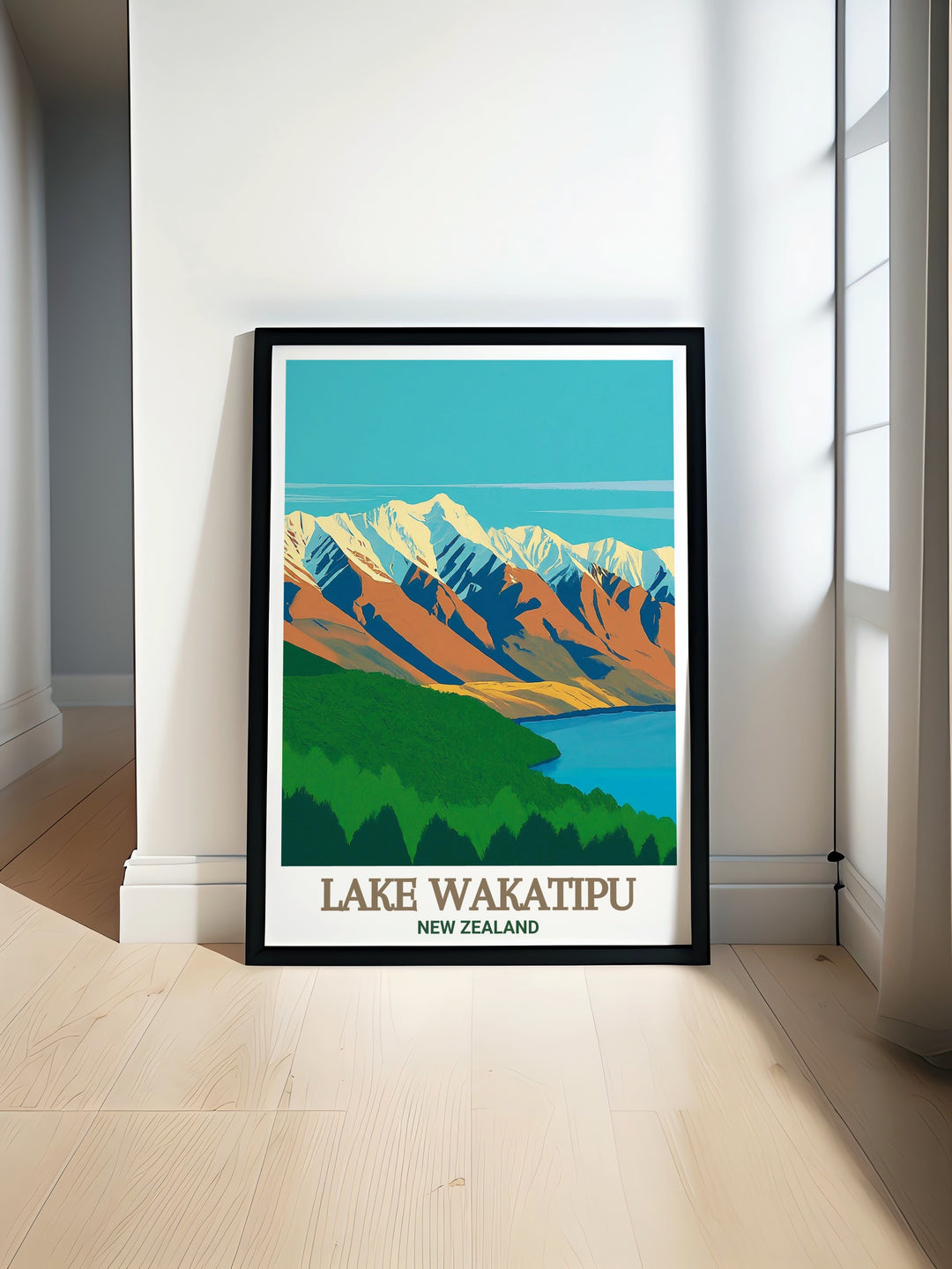 Featuring Lake Wakatipu and The Remarkables, this New Zealand travel poster showcases the breathtaking landscape of the South Island. Perfect for art lovers and adventurers, this print adds a touch of natural beauty to your living room or office.