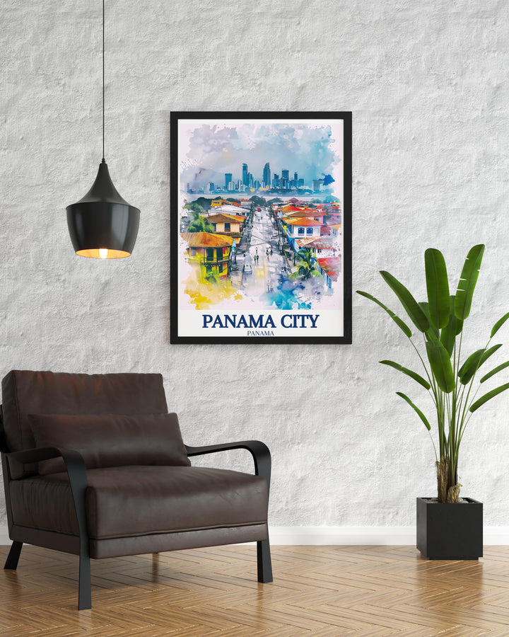 Beautiful travel print of Casco Viejo Panama City skyline ideal for beach wall art and enhancing any room with modern prints