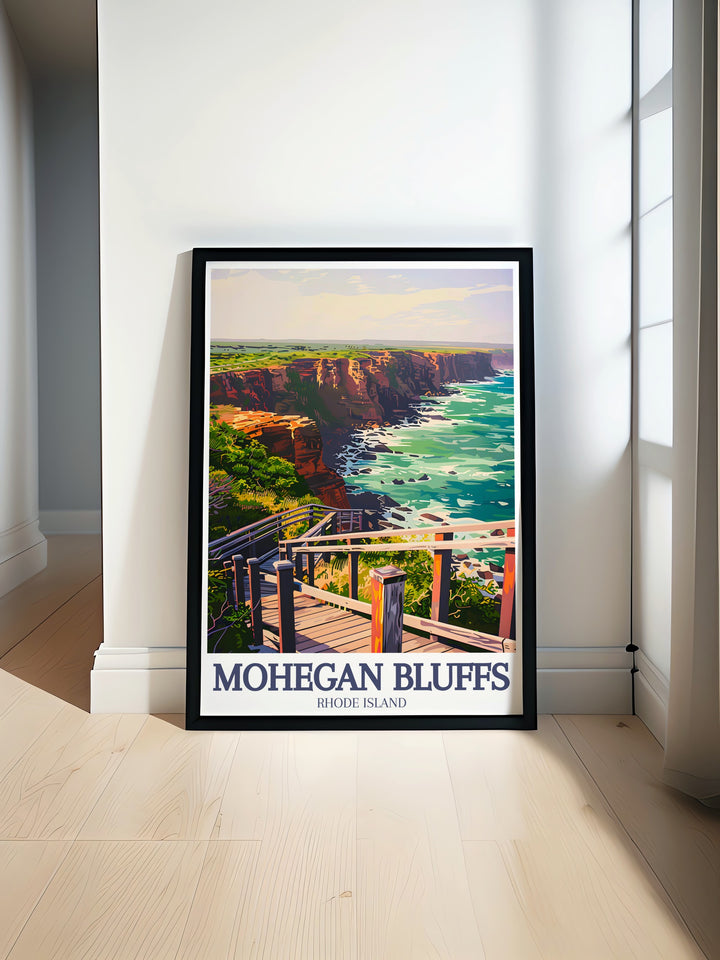 Celebrate the beauty of Mohegan Bluffs with this travel poster, featuring the iconic clay cliffs and the Mohegan Bluffs Pavilion. The calming watercolor palette and vintage poster style make this artwork a perfect fit for any coastal themed room.