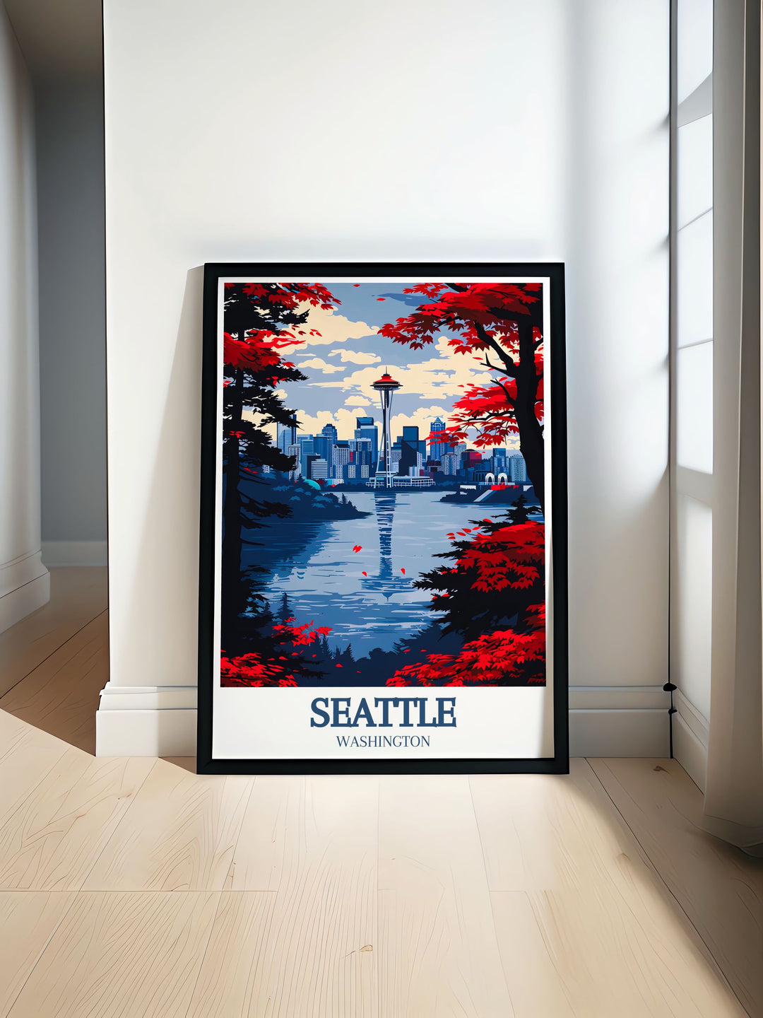 Experience the thrill of skiing at the Summit at Snoqualmie and the breathtaking views of the Seattle skyline with this detailed poster, highlighting the scenic beauty of Washington State and its renowned landmarks, ideal for any ski resort themed home decor.