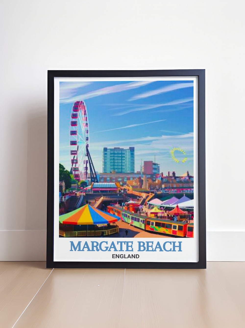 Our Margate Beach Poster Print captures the lively energy of Margates beach and Dreamland Margate. This framed art piece is ideal for those who appreciate the vintage charm of British seaside towns and want to celebrate them in their decor.