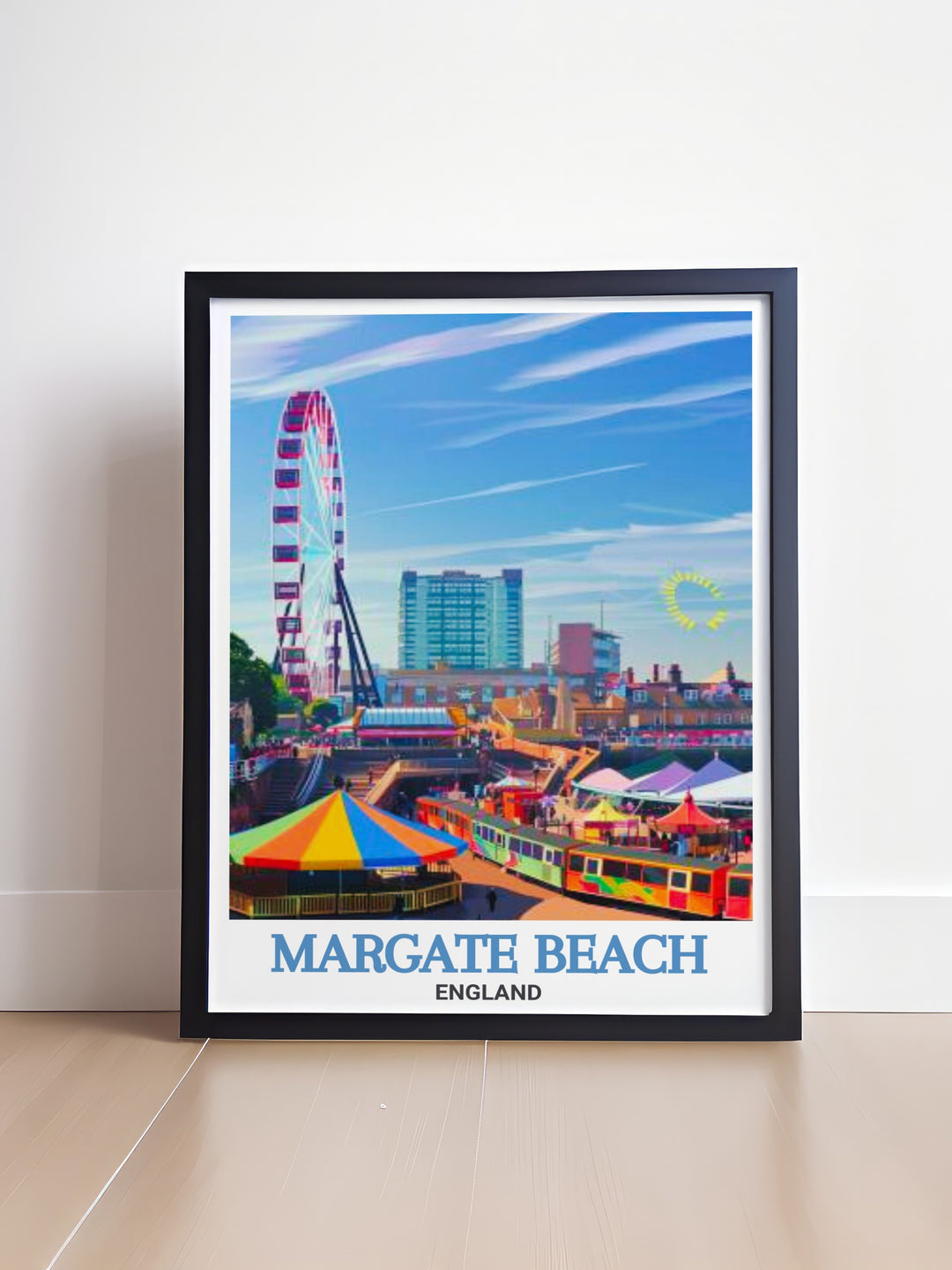 Our Margate Beach Poster Print captures the lively energy of Margates beach and Dreamland Margate. This framed art piece is ideal for those who appreciate the vintage charm of British seaside towns and want to celebrate them in their decor.