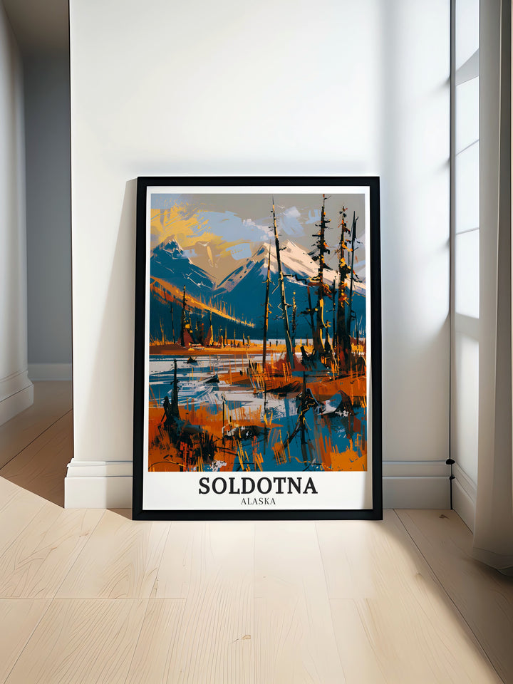 Elegant Kenai Peninsula artwork showcasing the dramatic mountains and the rich greenery of the boreal forest. The detailed print brings the wild and serene landscapes of Soldotna into your living space, making it a cherished piece for Alaska art lovers