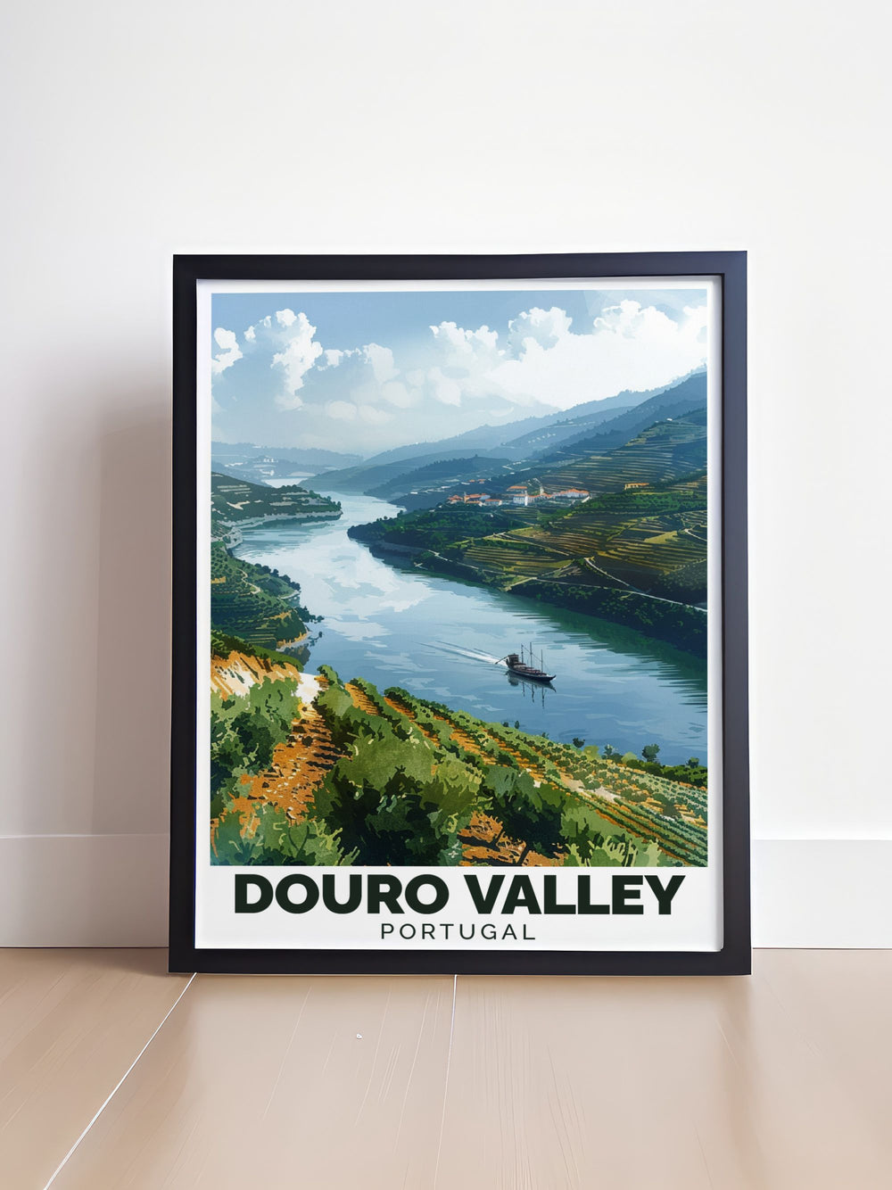 Travel poster of the Douro Valley highlighting the breathtaking views from the terraced vineyards, ideal for adventure enthusiasts and wine lovers.