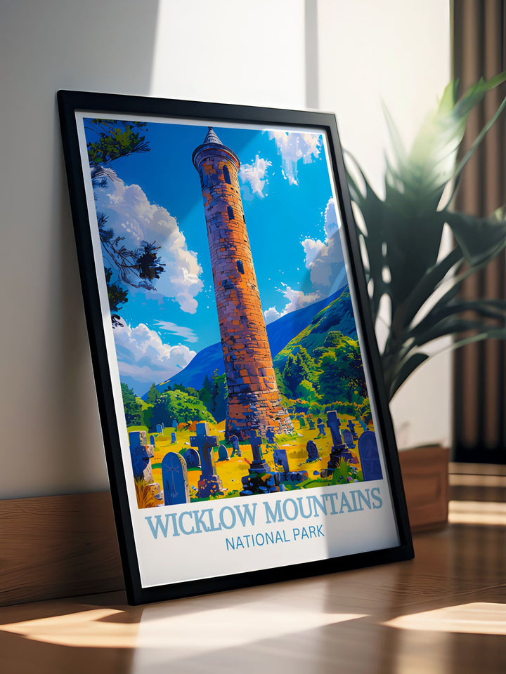 Discover the beauty of Ireland with this travel poster featuring Glendalough in Wicklow Mountains National Park. The poster showcases the ancient monastic site and serene valley, inviting you to explore this historic and picturesque destination.