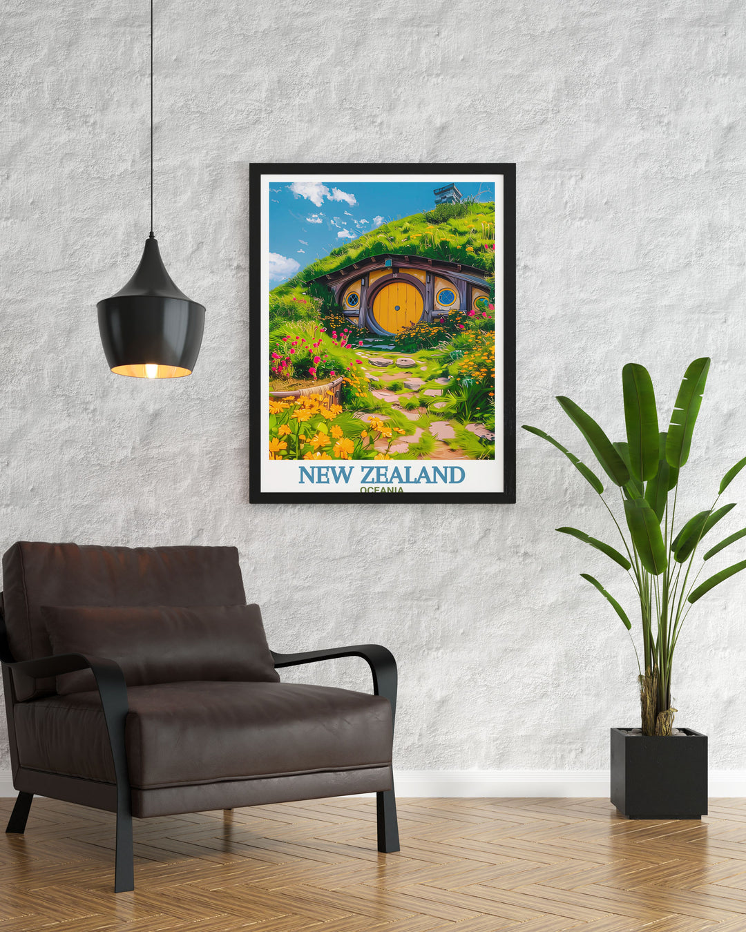 Retro New Zealand print highlighting the serene waters of Banks Peninsula and the Hobbiton Movie Set combining modern art with timeless national park views perfect for decorating a living room or giving as a thoughtful gift for travel lovers.