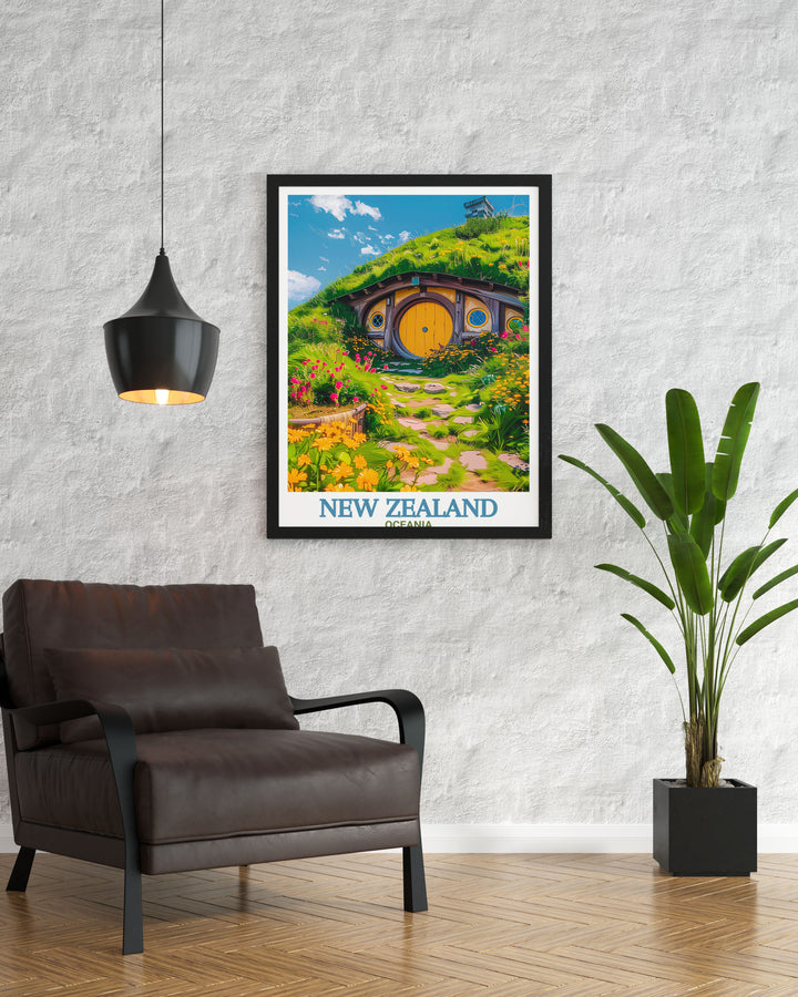 Retro New Zealand print highlighting the serene waters of Banks Peninsula and the Hobbiton Movie Set combining modern art with timeless national park views perfect for decorating a living room or giving as a thoughtful gift for travel lovers.