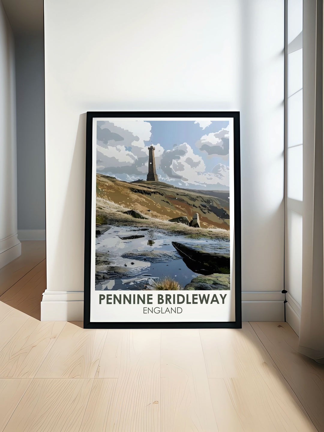 Stoodley Pike modern prints beautifully depict the grandeur of this Pennine landmark making them an ideal addition to your home decor. This National Park Print showcases the rugged beauty of Stoodley Pike offering a stunning view that captures the spirit of the British countryside