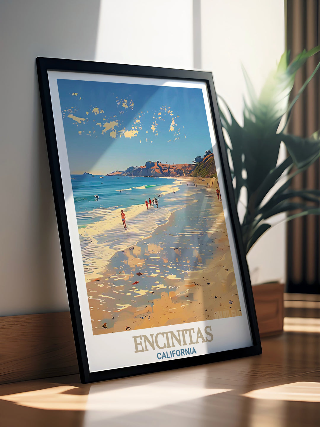 Moonlight State Beach travel print showcases the beauty of Encinitas with its golden sands and tranquil waves. This California canvas art captures the serene atmosphere of this beloved beach town, perfect for adding a touch of the coast to your home décor or as a personalized gift.