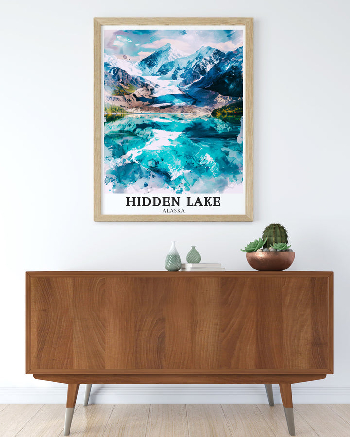 Denali framed art displaying the dramatic snow capped peak of Alaskas most famous mountain. With intricate detail and vibrant colors, this vintage inspired poster captures the majesty of Denali, making it a striking addition to any home for those who love adventure and outdoor exploration.