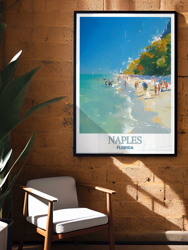 Naples Florida Travel Print captures the lively spirit of Naples, Florida, known for its blend of culture, relaxation, and coastal beauty. This print is an excellent addition for those who love the beach and the vibrant life of Floridas coastal cities.