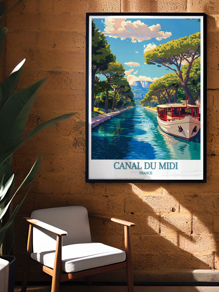 Canal du Midi France poster showcasing iconic views of Beziers and Carcassonne in a vintage travel style