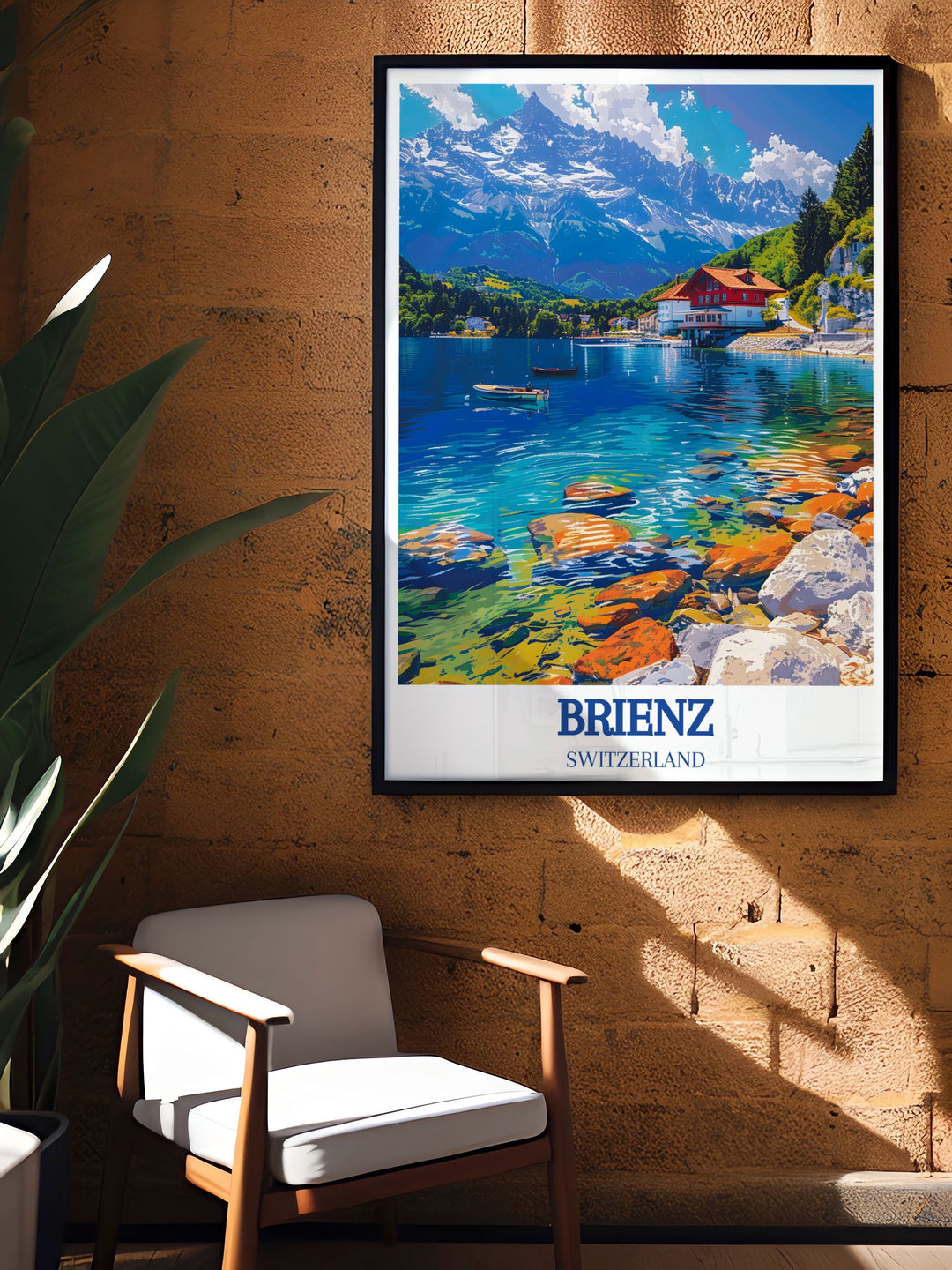 Retro travel poster of Lake Brienz, Brienzer Rothorn featuring iconic Swiss landscapes. Lauterbrunnen print perfect for home decor or gifting. Stunning addition to any wall art collection.