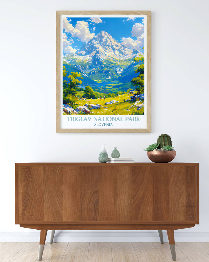 Captivating wall art of Slovenias Triglav National Park, highlighting the parks diverse ecosystems and iconic landmarks like Lake Bled.