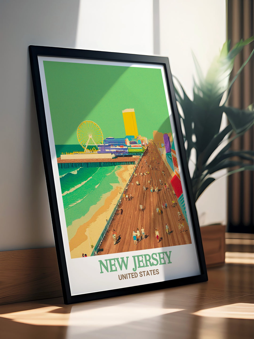 New Jersey Atlantic City Boardwalk art collection showcasing the vibrant life and scenic views of the boardwalk. Perfect for adding a touch of coastal elegance to your home decor. This print captures the essence of the boardwalks lively atmosphere.