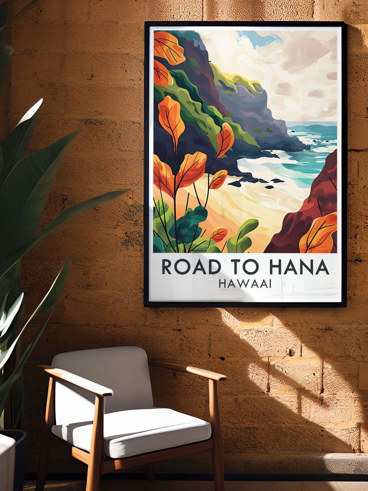 Road to Hana poster featuring the vibrant colors and stunning scenery of this famous Hawaiian drive. Wainapanapa State Park stunning living room decor adds a touch of tropical allure and elegance to any space.