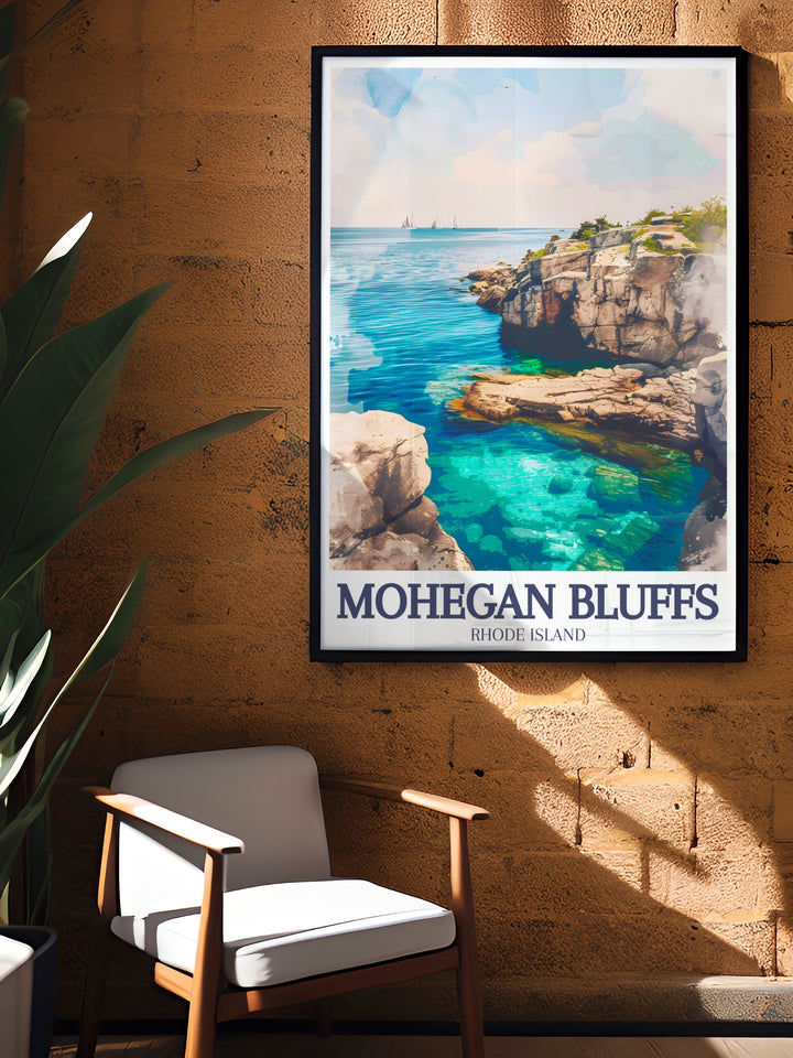 Featuring the breathtaking Mohegan Bluffs on Block Island, this travel poster captures the essence of Rhode Islands coastal charm. The soft watercolor palette and vintage inspired design make this artwork a perfect gift or wall art for those who love beach destinations.