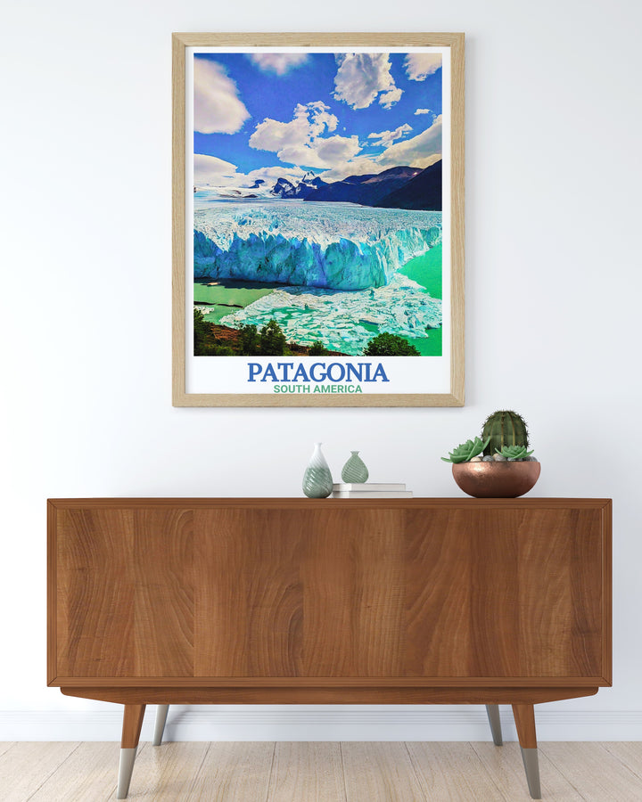 Retro travel poster featuring Torres Del Paine and Perito Moreno Glacier in Patagonia. A beautiful addition to any wall art collection showcasing the majestic landscapes of South America. Ideal for travel enthusiasts and art lovers.