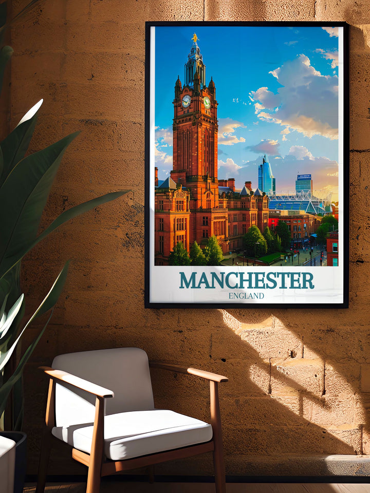 Framed print of Manchester town hall and Old Trafford stadium designed to celebrate the architectural and sporting landmarks of the city adding elegance and historical significance to any room.
