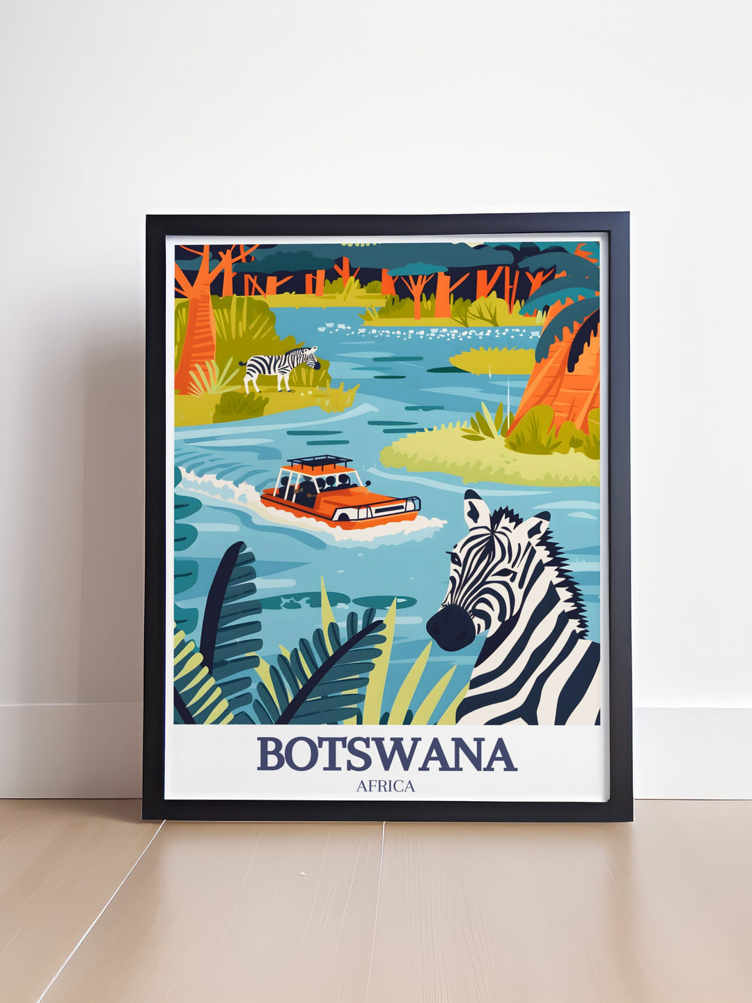 Botswana travel art showcasing Okavango Delta and Chobe National Park. Enhance your home with breathtaking Botswana posters and prints that highlight the serene landscapes and rich biodiversity of these stunning locations.