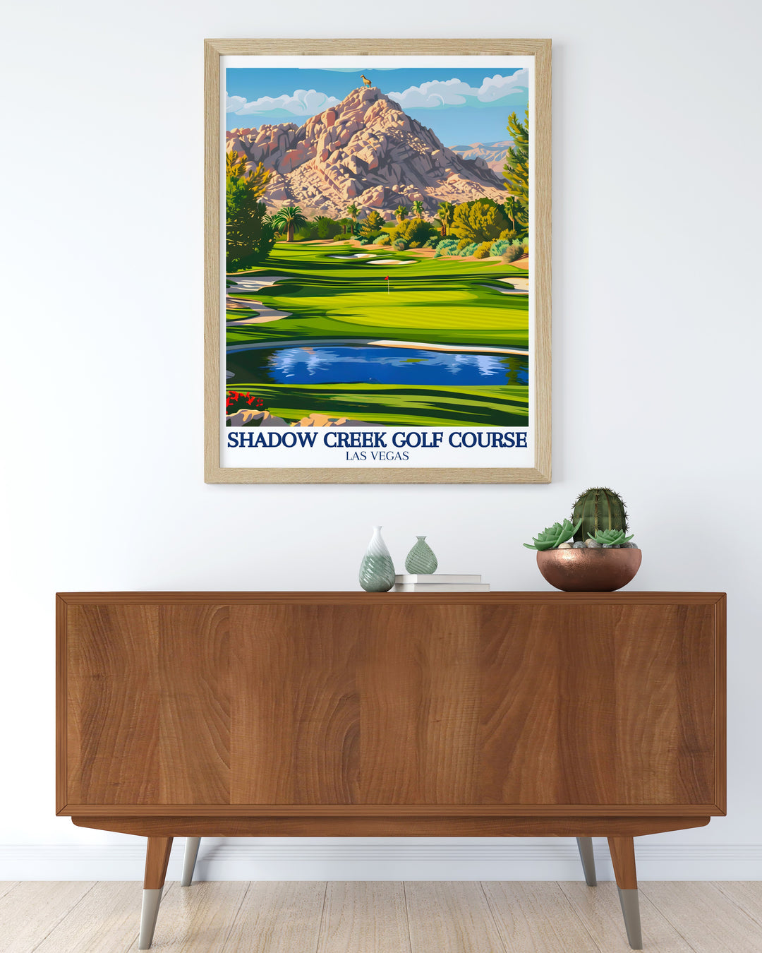 Shadow Creek Golf Course in all its glory is showcased in this canvas print, with the courses lush green fairways standing out against the arid Nevada desert. Perfect for those who love golf and travel art, this piece is a striking addition to any room.