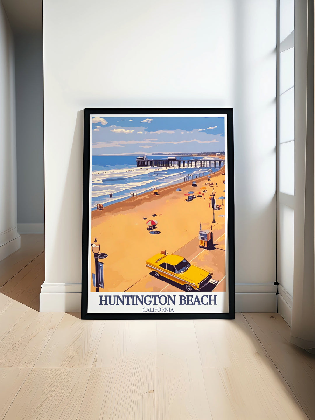 Huntington State Beach Park and the Pacific Ocean are the focal points of this elegant travel print. Whether for a birthday or an anniversary, this California wall art is a thoughtful and personal gift.