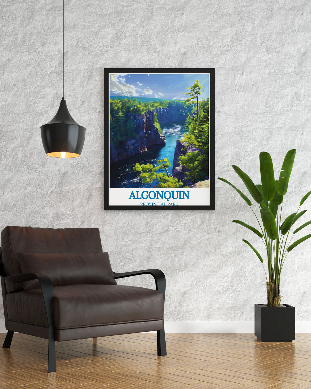 Vintage poster of the Algonquin Logging Museum, blending historical Canadian logging scenes with modern art styles for a unique wall piece.