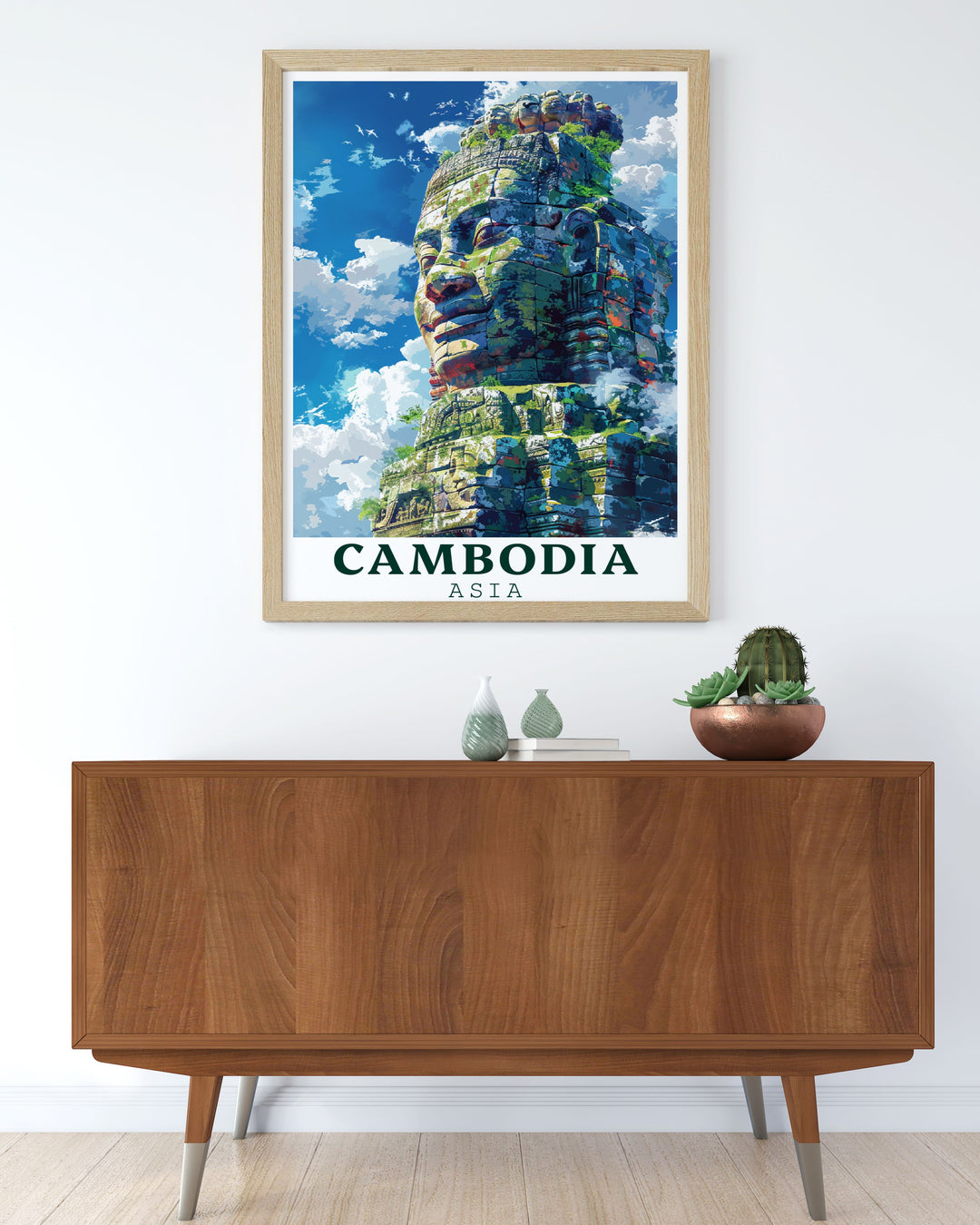 Unique Cambodia poster showcasing Bayon Temple in a classic black and white vintage style ideal for history enthusiasts and art lovers alike.