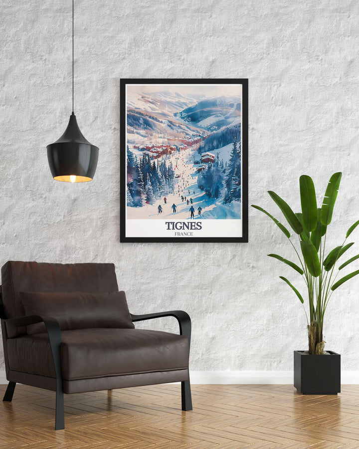 Add a touch of adventure to your walls with this Retro Skiing Print showcasing Tignes Ski Resort and Val Disere from the French alps part of our Espace Killy modern decor collection perfect for ski enthusiasts and art lovers