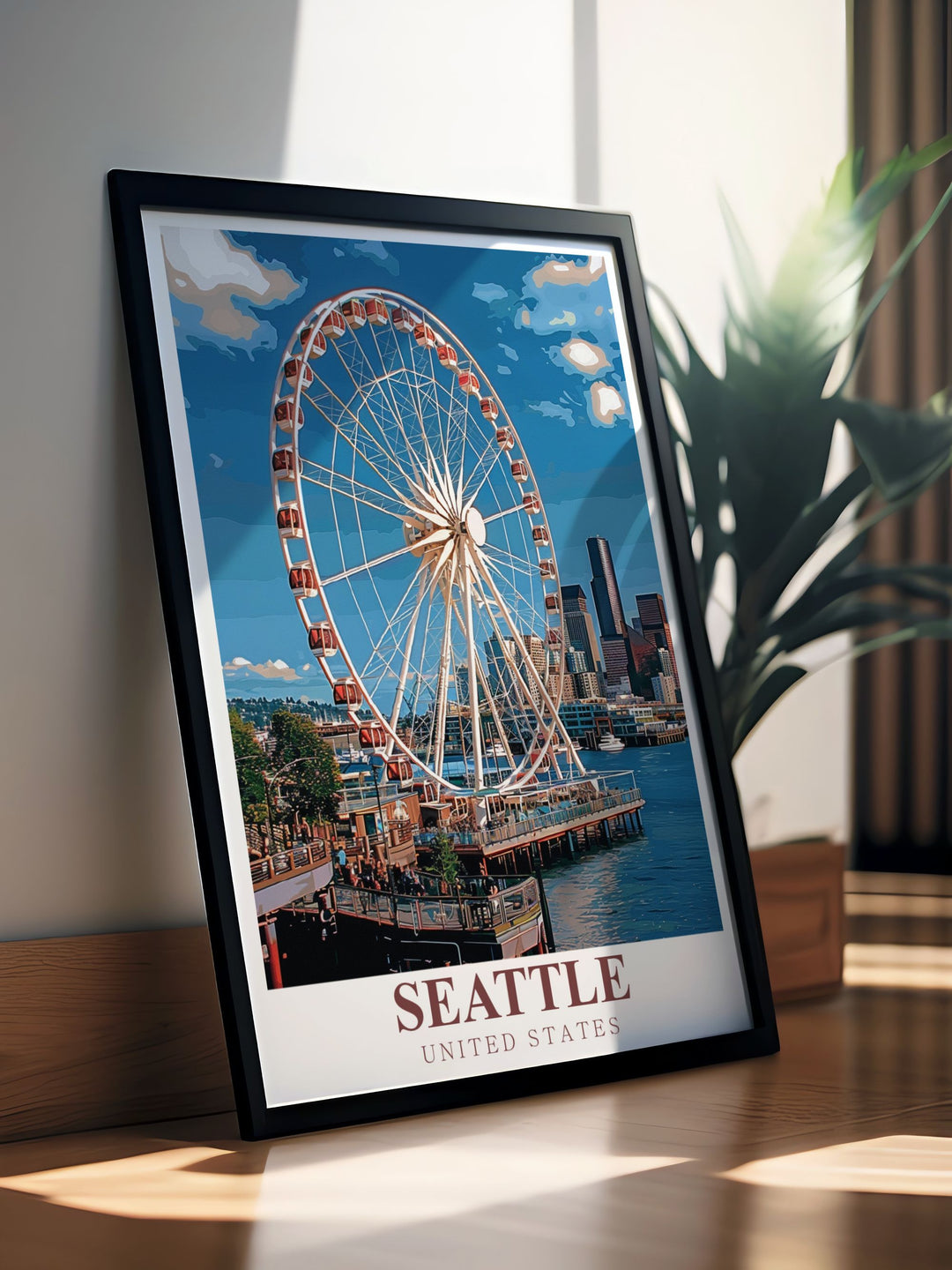 Great Wheel Stunning Prints offering a stylish representation of Seattles skyline. Modern decor featuring the famous Great Wheel set against the backdrop of Seattles urban landscape. A perfect way to celebrate the Pacific Northwest and add a touch of elegance to home decor