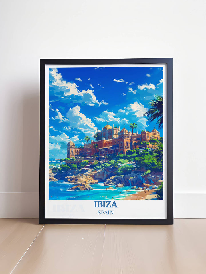 Ibiza Club Poster showcasing the iconic Ocean Beach Club and the tranquil beauty of Cala d Hort Beach ideal for fans of dance music art and beach lovers looking to add a lively yet serene element to their wall art collection