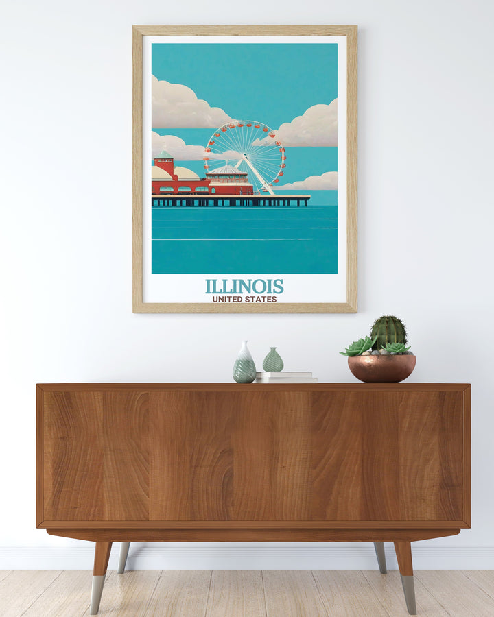 A detailed travel poster of Chicagos Navy Pier and skyline, capturing the architectural beauty and lively ambiance of the city. Ideal for decorating your home or gifting to someone special, this artwork reflects the essence of the Windy City.