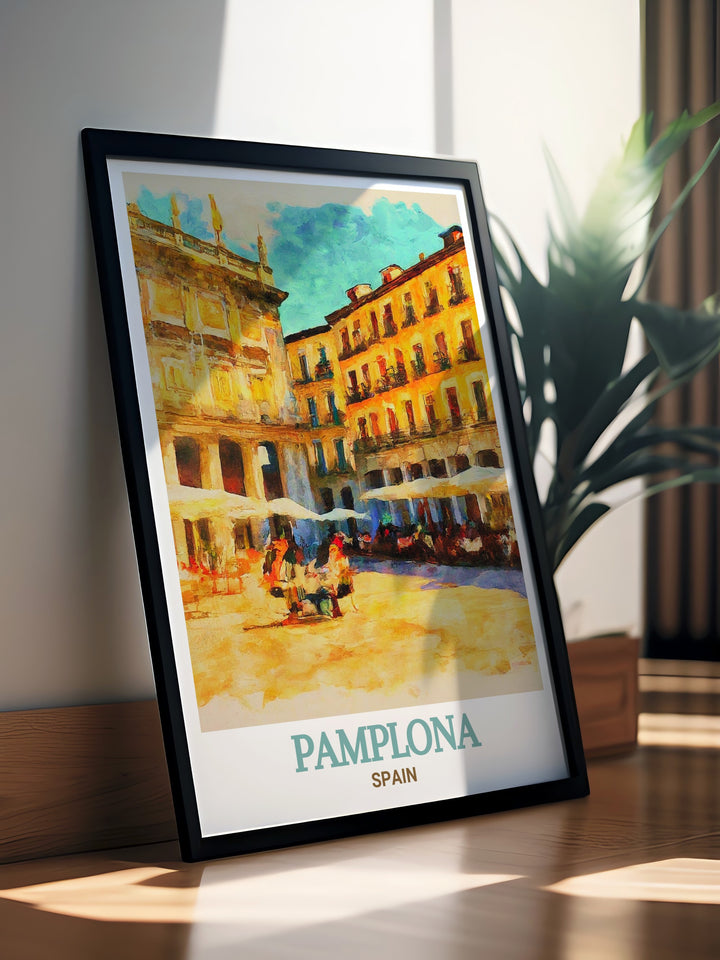 The Plaza del Castillo Spain Travel Print brings the heart of Pamplona into your home with its detailed depiction of this historic square. Ideal for adding a touch of Spanish charm to your decor this print is a must have for lovers of Spain and its rich heritage.