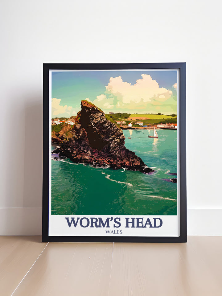 Worms Head Print showcases the breathtaking landscape of Rhossili Bay and the cliffs of Southgate, offering a peaceful and scenic view of Wales coastline. Ideal for coastal lovers, this wall art brings the serenity of the sea into your living space.