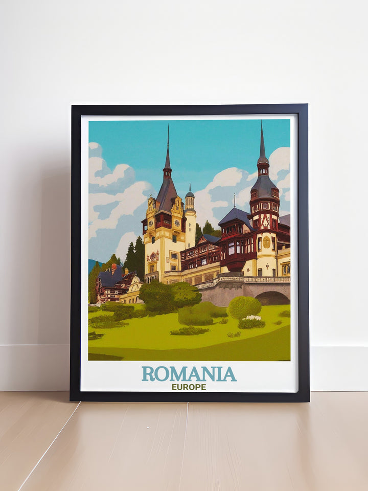 Peleș Castle, Romania, is depicted in stunning detail in this art print, making it an eye catching piece for your home. Whether for personal use or as a travel gift, this poster highlights the rich history and architectural beauty of this iconic landmark.