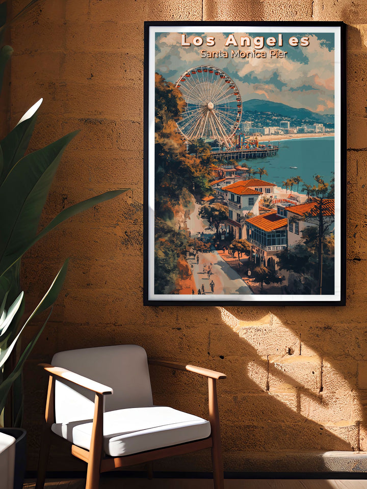 Showcasing both Los Angeles and Santa Monica Pier, this travel poster captures the unique blend of city excitement and seaside serenity, perfect for enhancing your living space with coastal elegance.