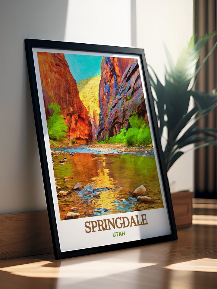 This print of The Narrows in Zion National Park and Springdale, Utah, offers a breathtaking view of one of the most iconic landscapes in the American Southwest. The artwork highlights the dramatic canyon walls and the serene beauty of Springdale, making it a timeless piece for home decor or as a gift for adventurers.